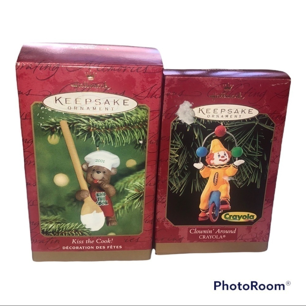 Set Of Hallmark Keep Sake Ornaments 1.Kiss The Cook 2. Clownin’ Around Crayola